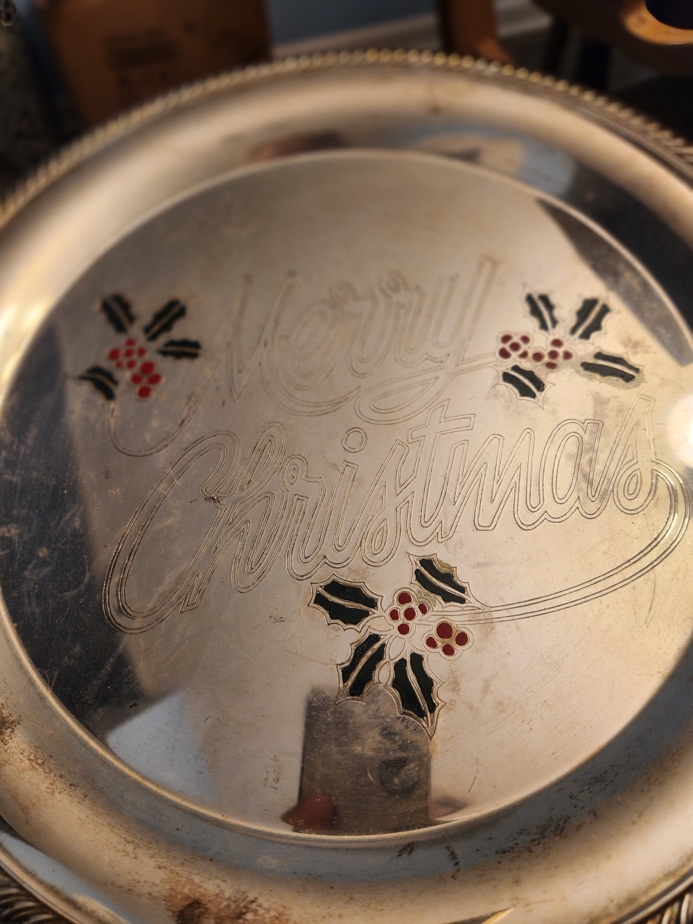 Silver 'Merry Christmas' Decorative Holiday Tray with Red & Green Holly Accents